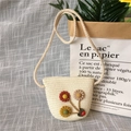 Handwoven straw shoulder bag for girls with 3D flowers and ladybug charm in cream white - Tricolor Flower - Cream