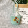 Mint green woven straw toddler crossbody bag with 3D crochet flowers and ladybug detail - Tricolor Flower - Green