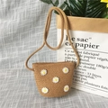 Kids straw woven crossbody bag with white daisy flowers and thin shoulder strap - Little Daisy - Khaki
