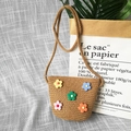 Kids brown straw crossbody bag with colorful floral decorations and a slim woven strap - Soft Flower - Khaki