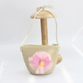 Detailed view of kids woven straw crossbody bag with pink tulle flower and cute doll - Mesh Girl - Beige