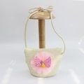 Kids cream straw crossbody bag with pink lace flowers and sequin bow charm - Mesh Girl - Cream