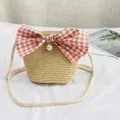 Kids straw bucket crossbody bag with a large orange plaid bow and pearl detail - Pearl Bow - Beige