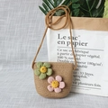 Detail of children's straw crossbody bag with handmade 3D floral accents for summer - Dual Flowers - Khaki Style