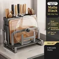 Matte black kitchen organizer with knife holder, double cutlery tubes and drip tray - Countertop Board + Lid Rack + Hooks / Matte Black