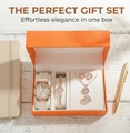 Women's quartz watch gift set with 5 pieces in rose gold featuring crystal star dial and box - Rose Gold