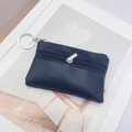 Mini porte-monnaie noir en cuir à motif litchi avec fermeture éclair argentée et porte-clés - 2 Couches Noir