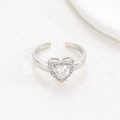 Detailed top view of an adjustable heart ring with a large zircon center and halo setting - Silver - Clear White Zircon (NO.7)