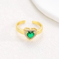 Vue détaillée bague ajustable dorée avec zircon cœur vert et contour de diamants - Or - Zircon Vert (NO.4)