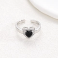 Macro detail of silver adjustable ring with heart-shaped black zircon and pavé setting - Silver - Black Zircon (NO.12)