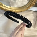 Detail of handmade black beaded headband with sparkling crystals on wide fabric base - Black