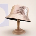 Metallic rose gold PU leather bucket hat with wide brim on a wooden display stand - M(56-58cm) / Rose Gold (7#)