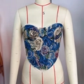 Detailed shot of dark blue jacquard floral corset top with lace trim and fishbone support - S / Tops / Blue Rose