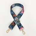 Navy blue floral embroidered replacement shoulder strap with gold metal buckles - Pink Blue Flower / Silver Hook