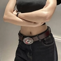 Vintage brown leather belt for women featuring a detailed horse head buckle design - 100cm / Dark Brown Double Horse Head Relief Pink Enamel Buckle Style (K0361)