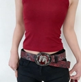 Vintage style floral leather belt with embossed double horse head buckle for women - 100cm / Dark Floral Print Double Horse Head Relief Buckle Style (K0345)