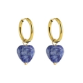 Detail view of heart-shaped blue natural stone earrings with 18K gold plated metal hoops - Blue