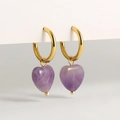 Fashionable 18K gold plated hoop earrings featuring natural purple heart stone pendants - Purple