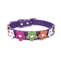 Close-up of a purple PU leather dog collar with colorful flowers and silver buckle - Purple
