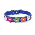 Close-up of blue leather dog collar with colorful 3D flower charms and silver buckle - Dark Blue