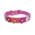 Rose pink PU leather dog collar with colorful 3D leather flowers and silver hardware - Rose Red