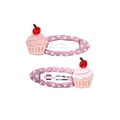 Pink cupcake hair clips for girls with glitter cherry and polka dot ribbon detail - Cake (MC047) / One Pair