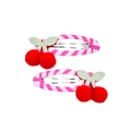 Set of two children's BB clips featuring cute red plush cherry decor on pink striped bands - Cherry (MC040) / One Pair