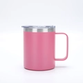 Pink 12oz stainless steel coffee mug with matte finish, handle, and clear lid - 12oz / Deep Pink