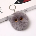 Detailed view of gray faux fur cat head keychain with soft plush texture and orange eyes - Standard - Silver Ring / 8cm Gray