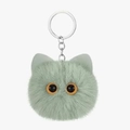 Light green plush cat head keychain with fuzzy faux fur and silver metal ring - Standard - Silver Ring / 8cm Aqua Blue