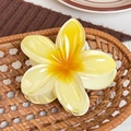 Vibrant yellow plumeria flower hair claw clip presented in a rustic woven basket - Yellow 8cm