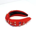 Red knotted wide headband with sparkling American flag star charms and colorful rhinestones - Red