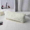 Portable white plush cosmetic storage bag with soft faux fur and metallic zipper - Small / Off White