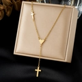 Gold-plated Y-shaped stainless steel necklace with heart link and double cross pendants - Y-shape Heart Cross Style (N4155)