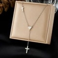 Silver stainless steel double layer Y-necklace with heart and cross pendants - Y-shape Heart Cross Style (N4156)