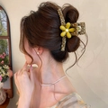 Large floral hair claw clip with yellow flower, worn in a stylish updo - Forest Style 3D Flower (HH9835) / Green