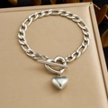 Silver stainless steel chain bracelet with heart pendant and toggle clasp - Silver Cuban Chain Heart Toggle Clasp (B2084)