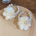 Detail of elegant oversized pearl hoop earrings with romantic white fabric flower decoration - Style 52 (Silver Pin)