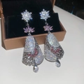 Close-up of luxury flower water-drop earrings with sparkling zircons in jewelry box - No. 58 Starburst Lotus Fan Style (58#) / Silver-Pink