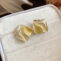 French vintage enamel stud earrings with pale yellow wavy pattern in silver frame - 86# Silver Wavy Yellow and White Enamel Square Stud Earrings