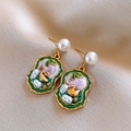 French palace style enamel drop earrings featuring gold swan and pearl motifs - 90# Gold Green and Purple Enamel Pearl Swan Stud Earrings
