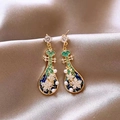 Elegant Pipa shaped gold earrings with enamel floral patterns and pearls in vintage French style - 51# Gold Lute Blue Green Rhinestone Pearl