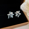 Light blue enamel ribbon bow stud earrings with sparkling cubic zirconia accents - 68# Pale Blue Ribbon Bow Rhinestone Studs