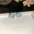 French style light luxury blue clover stud earrings with sparkling pavé crystals and silver needle - 80# Sky Blue Four Leaf Clover Rhinestone Studs