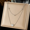 Silver layered stainless steel necklace with heart pendant on champagne jewelry box - Double Layer Bead Heart Style (N4172)