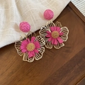 Handmade golden flower earrings with vibrant pink raffia details on a rustic wooden base - Metal Raffia Flower Style (76#) / Silver Needle / Rose Red (Gold Tone)