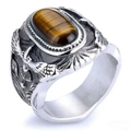 Vintage eagle tiger eye ring for men with engraved silver-tone stainless steel band - Steel & Tiger's Eye