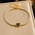 Elegant gold-plated stainless steel bracelet featuring cubic zirconia and a black octagonal stone - Rectangular Main Stone (B2110) / Black