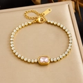 Detailed view of gold plated stainless steel bracelet with pink zircon and clear rhinestones - Rectangular Main Stone (B2111) / Pink