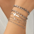 5-teiliges silbernes Edelstahl Armband-Set mit Kreuz und Zirkonia am Handgelenk - Silber Armband Fünfer-Set (B2092)